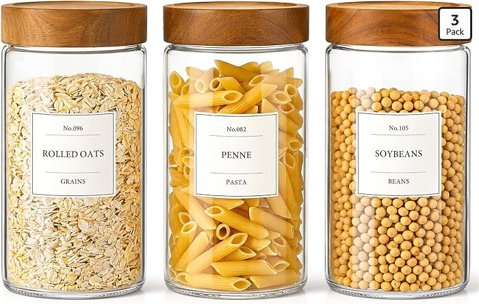 CONNOO 40oz Airtight Glass Storage Containers with Wood Lids (3-Pack) \u2013 Includes 120 Pre-Pri... | Amazon (US)