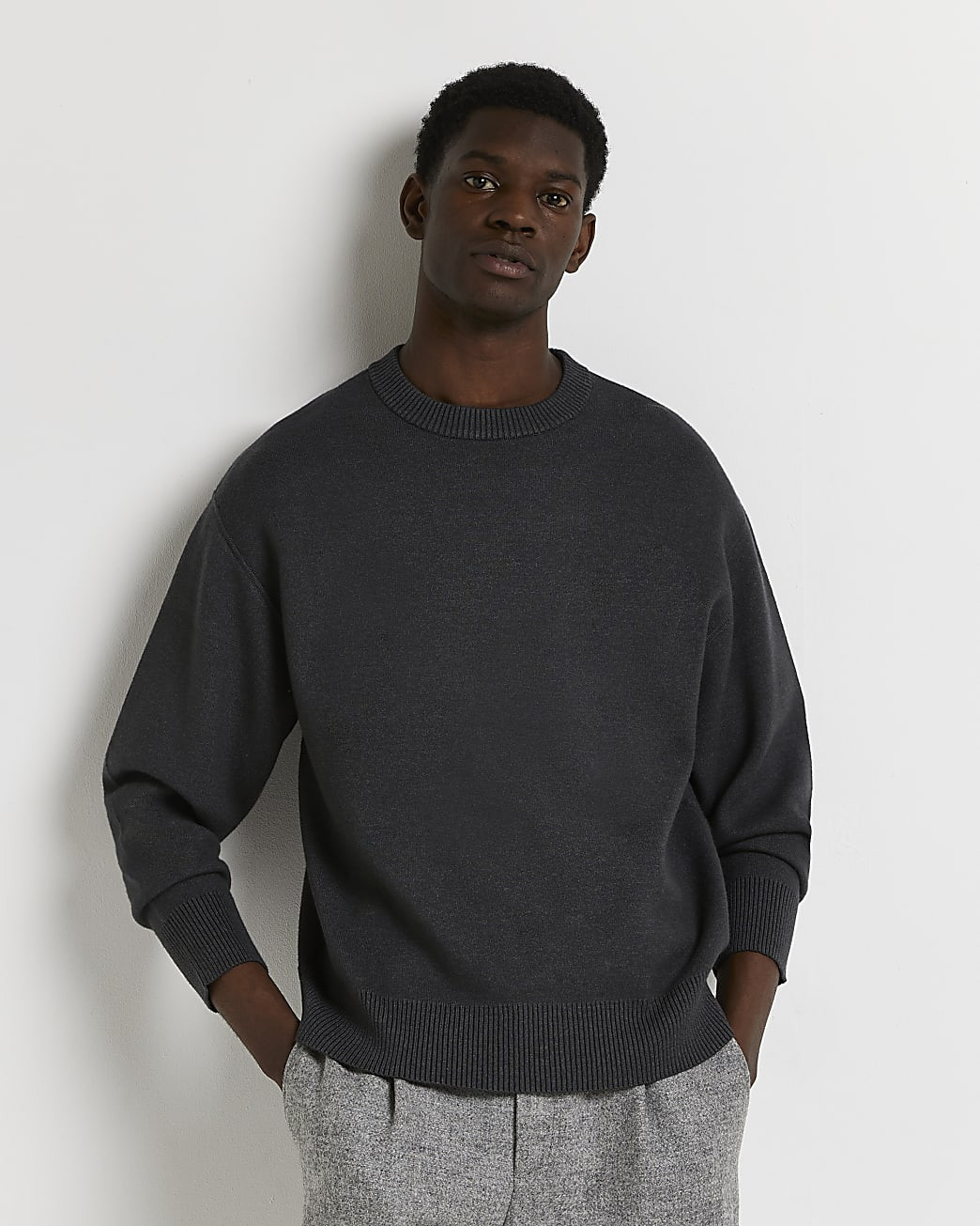River Island Mens Grey oversized fit crew neck jumper | River Island (US)