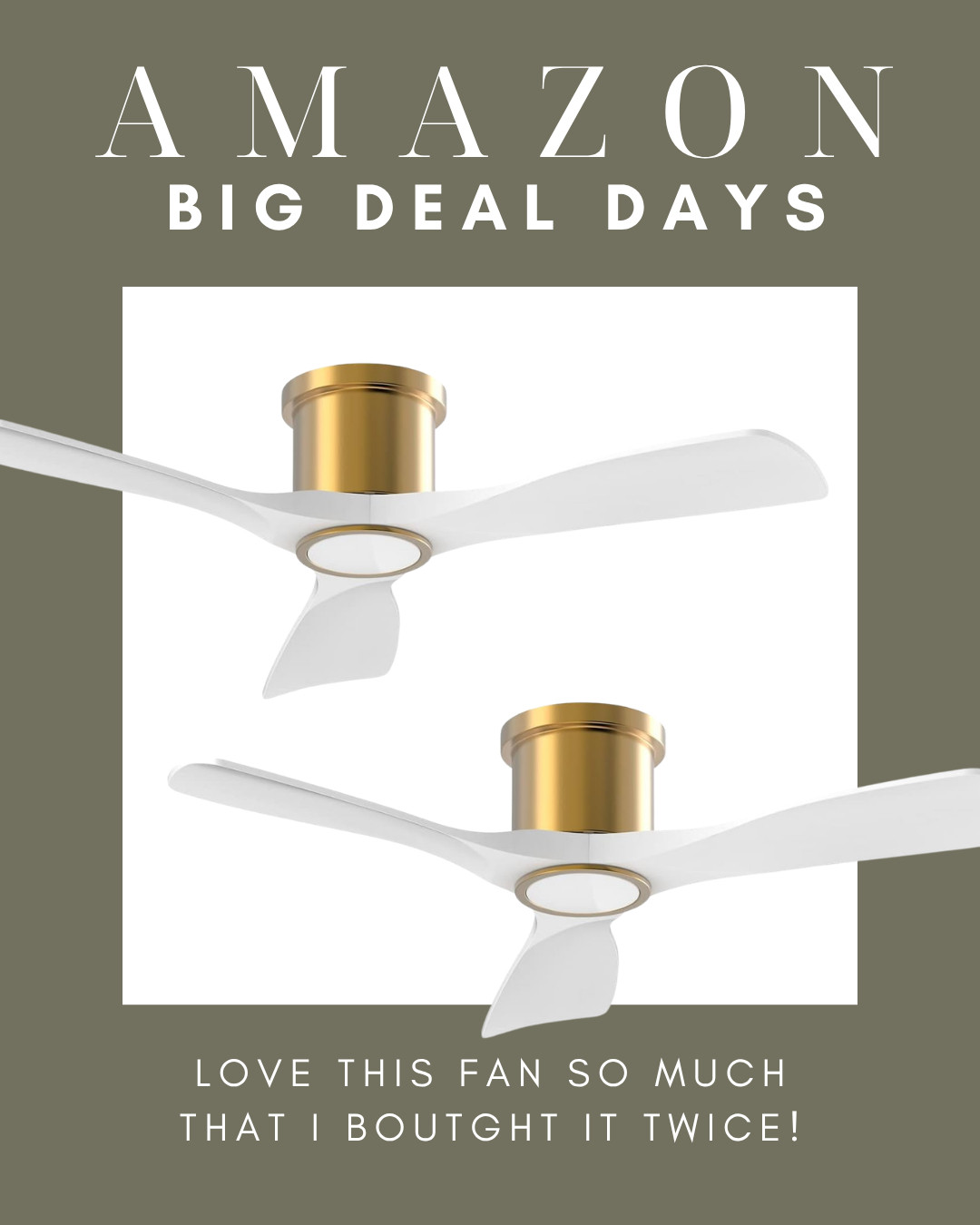 Amazon Big Deal Days find! I love this ceiling fan so much that I bought it twice. The white and gold flush mount is so sleek, it is a smart fan with a light, and it is on sale right now. 

 #amazonbigdealdays #bigdealdays #primebigdealdays #amazondeals #ceilingfan #flushmountfan #smartfan #modernfan #goldaccents #lighting #bedroomdecor #livingroomdecor #homeupgrade #amazonhome #salealert #founditonamazon #LTKSaleAlert