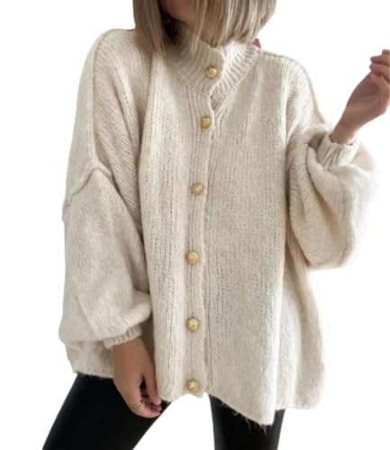 Women's Button Down Cardigans Oversized Chunky Knit Sweater Long Sleeves Turtleneck Outwear White | Amazon (US)