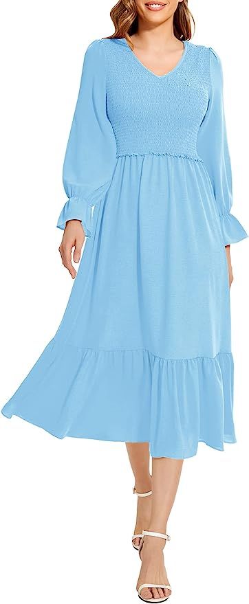 MUADRESS Women's 2023 Casual Long Sleeve V-Neck Elastic Waist Smocked Flowy Tiered Midi Dress | Amazon (US)