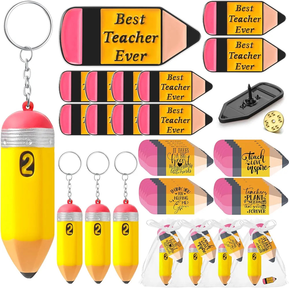 24 Set Teacher Appreciation Gifts Included 24 Teacher Pins Pencil Shaped 24 Teacher Keychains Pen... | Amazon (US)