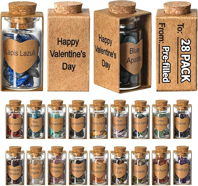 28 Pack Prefilled Valentines Day Gifts for Kids - Crystal Gemstone Chip Bottles and Valentines Da... | Amazon (US)