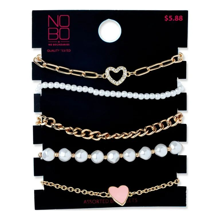 No Boundaries Pink Heart And Pearlescent Beaded Stretch Bracelet Set, 5 Pack | Walmart (US)