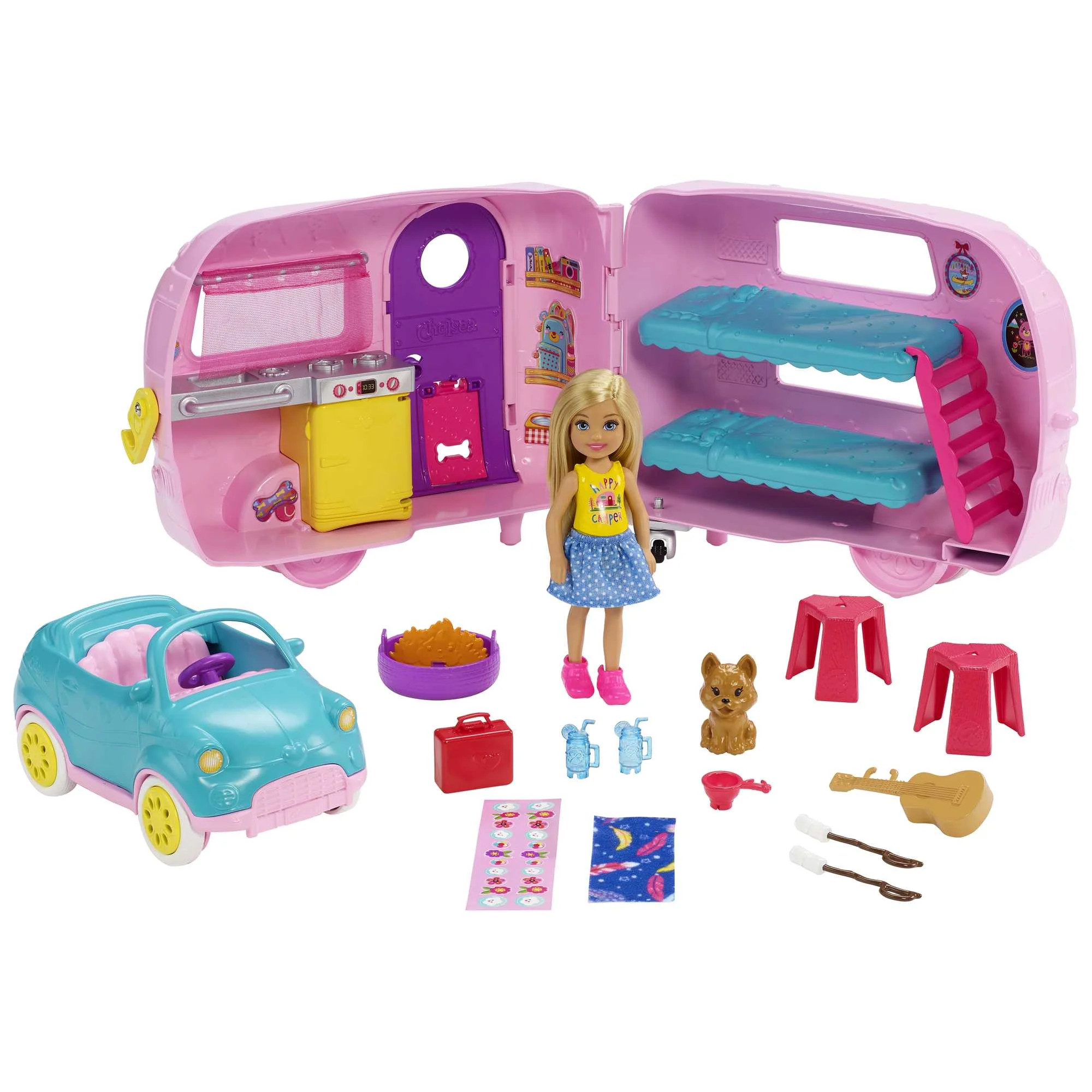 Barbie Club Chelsea Pink Camper Playset, Blonde Small Doll, Pet, Car & 10+ Accessories, Toy for 3... | Walmart (US)