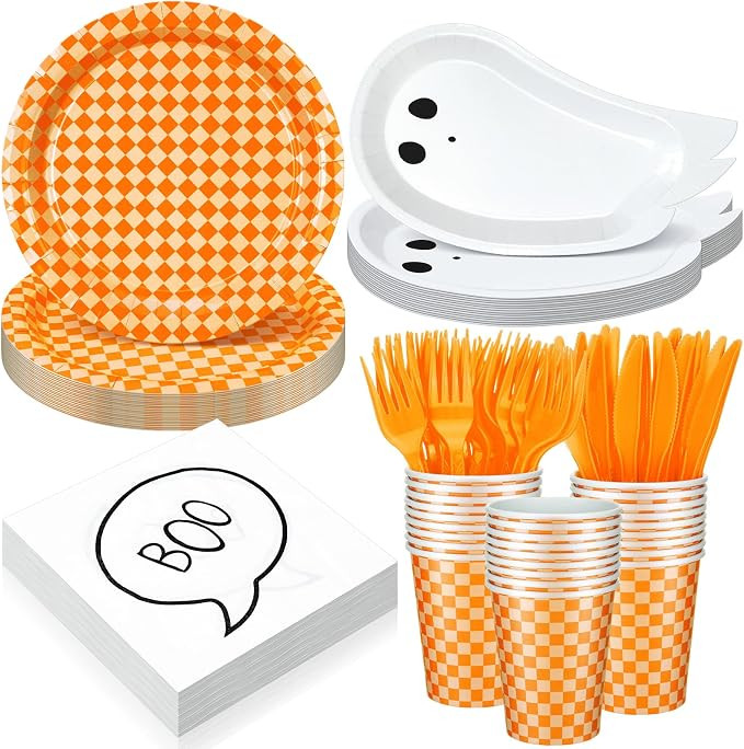 Yungyan 144 Pcs/24 Set Summer Halloween Paper Plates and Napkins Boo Ghost Plates Orange Cups wit... | Amazon (US)