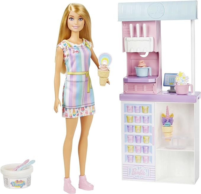 Barbie Ice Cream Shop Playset with 12 in Blonde Doll, Ice Cream Making Feature, 2 Dough Container... | Amazon (US)