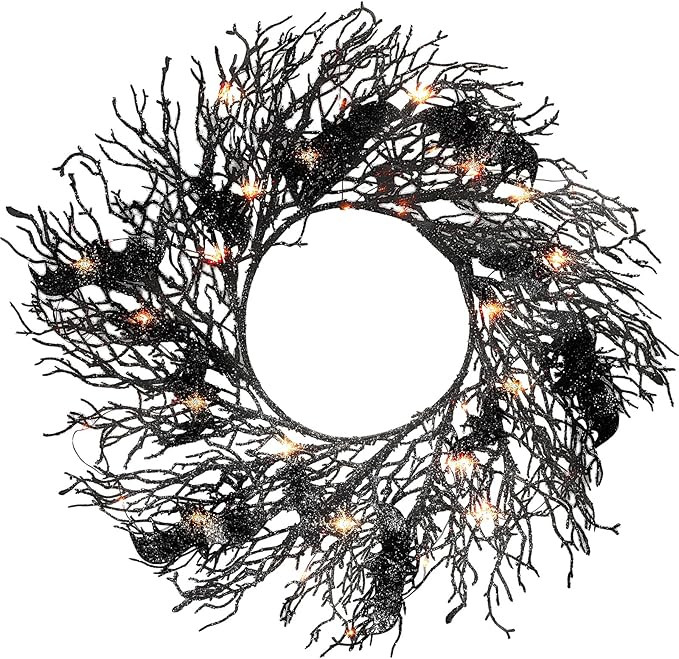 Dingion 26'' Artificial Black Twig Wreath with Glitter Bats - Halloween Black Bat Wreath Hanging ... | Amazon (US)