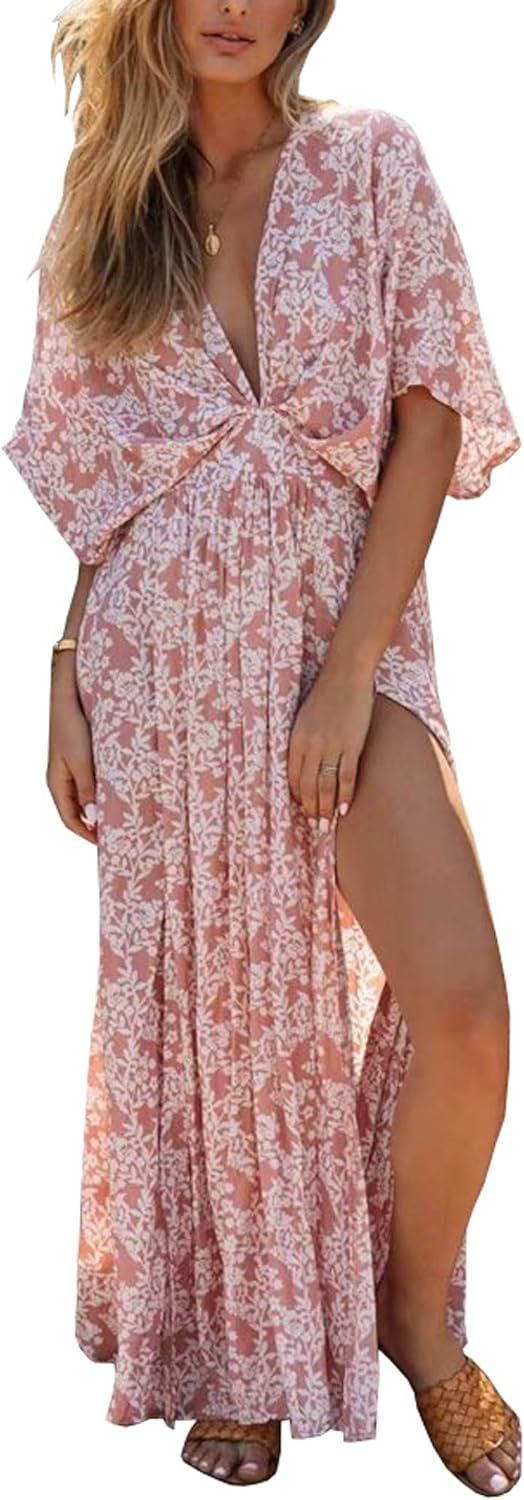 R.Vivimos Women's Summer Cotton Floral Print Deep V Neck Splits Midi Dress | Amazon (US)