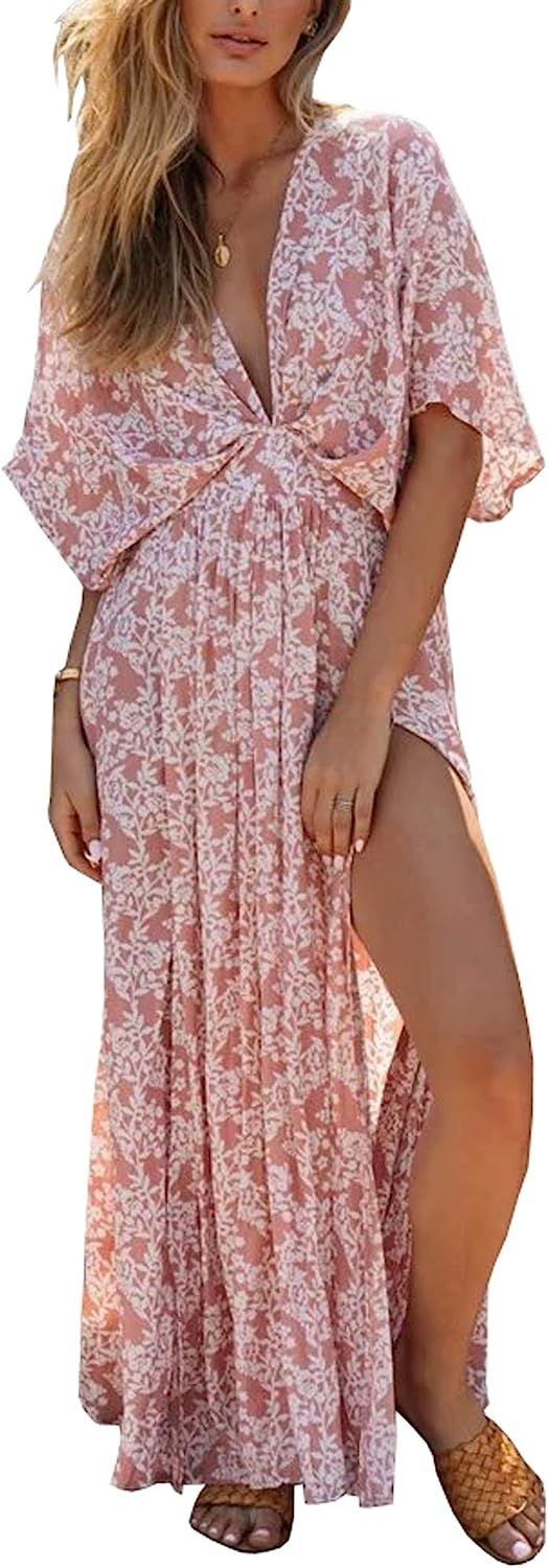 R.Vivimos Women's Summer Cotton Floral Print Deep V Neck Splits Midi Dress | Amazon (US)