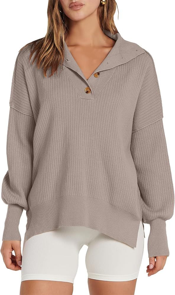 ANRABESS Women's Long Sleeve Button Up V Neck Drop Shoulder Oversized Slouchy Ribbed Knit Pullover S | Amazon (US)