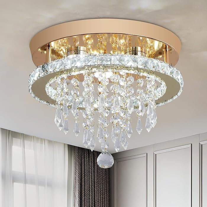 Modern Gold Crystal Chandelier 11.8" LED Ceiling Light, Flush Mount Lighting Fixture for Bedroom,... | Amazon (US)