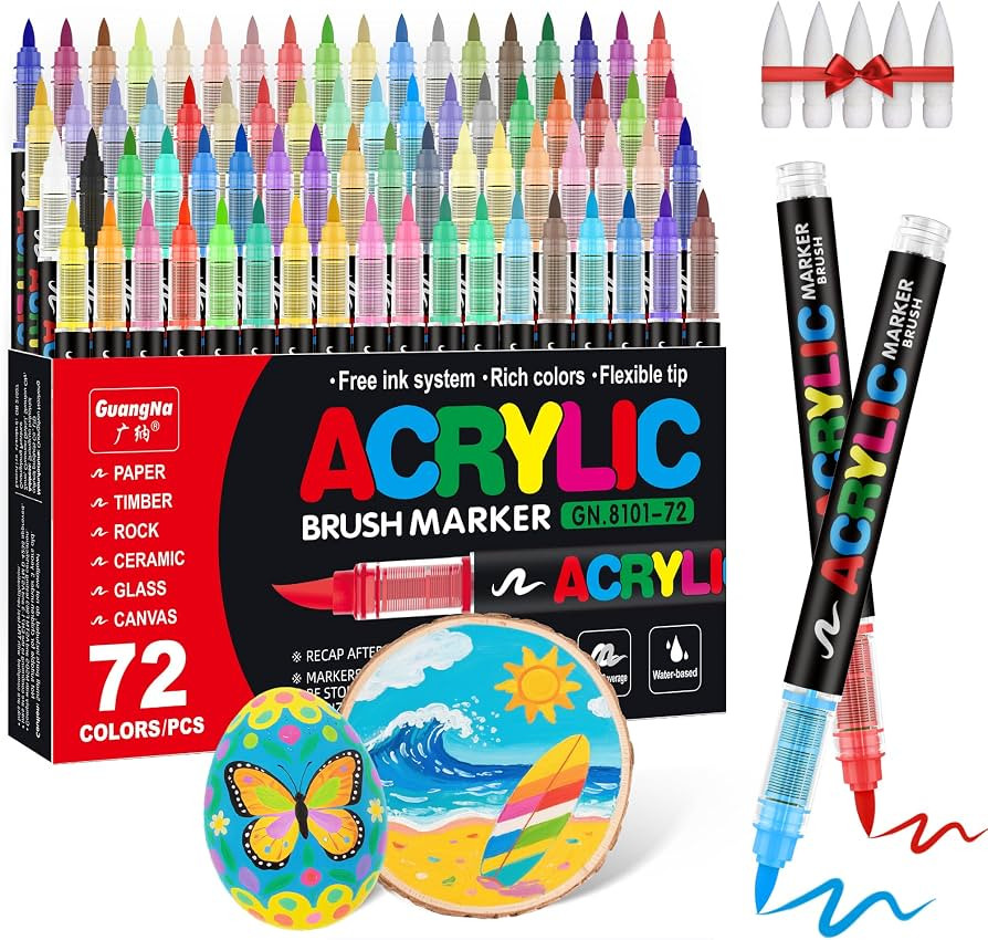 Guangna Acrylic Paint Markers Brush Tip, 72 Vivid Colors with Direct-Liquid Ink Control System, P... | Amazon (US)