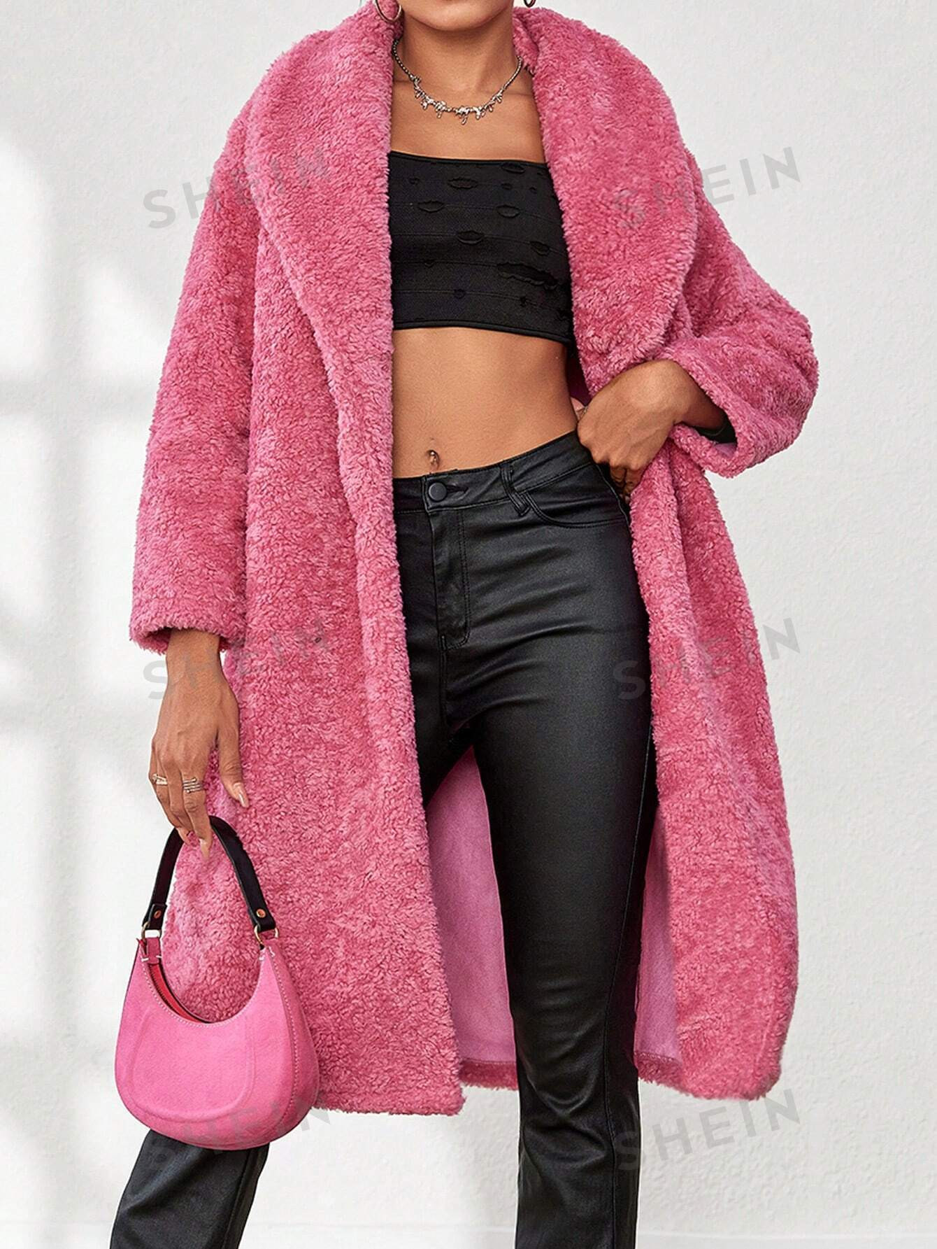 Shawl Collar Open Front Teddy Coat | SHEIN