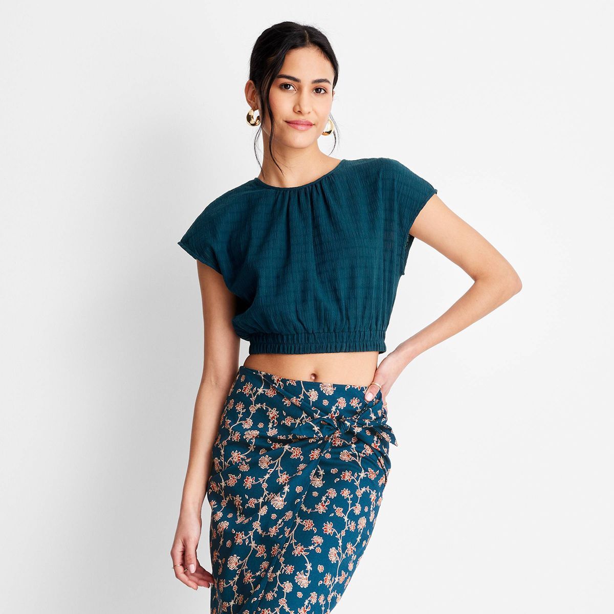 Women's Short Sleeve Cinched Crop Top - Future Collective™ with Jenny K. Lopez Teal | Target