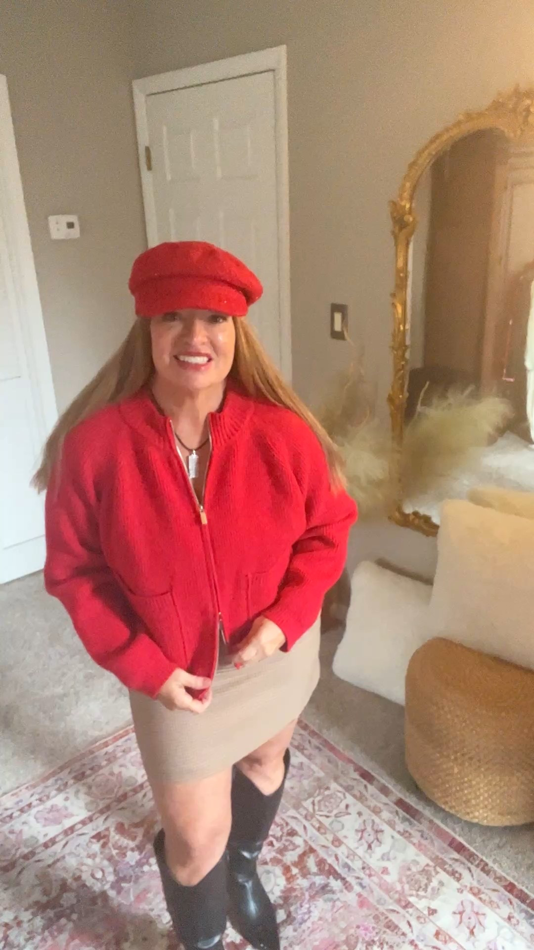 Double zipper chunky red cardigan .

#LTKValentine #LTKootd #LTKmorningroutine