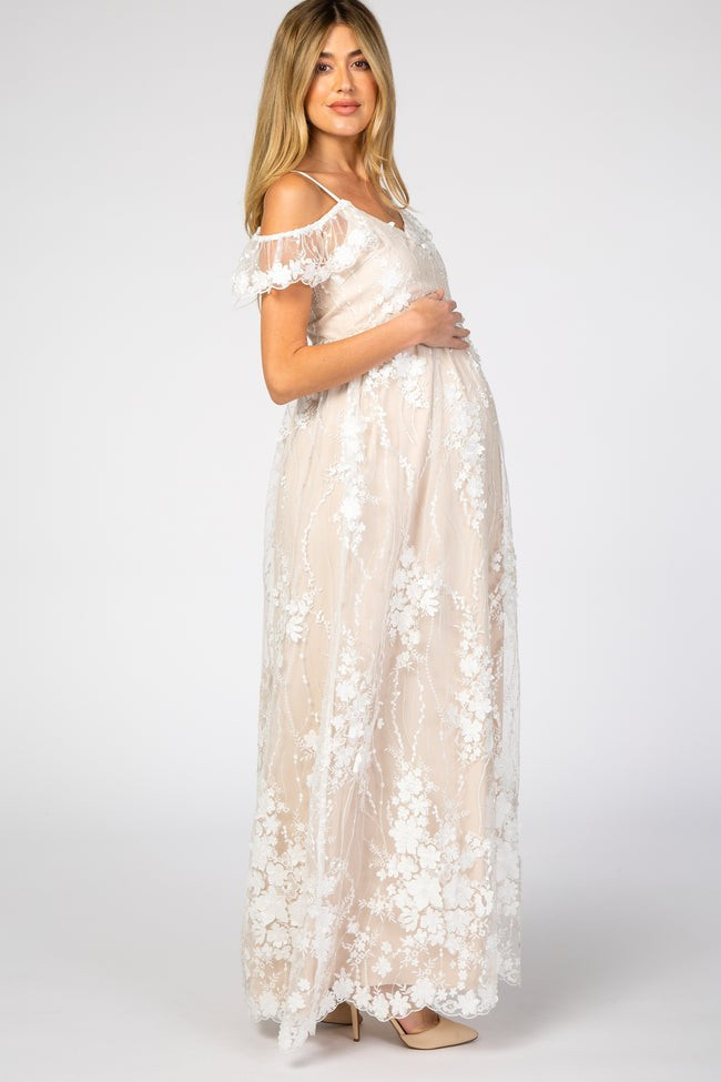 Ivory Floral Embroidered Mesh Maternity Evening Gown | PinkBlush Maternity