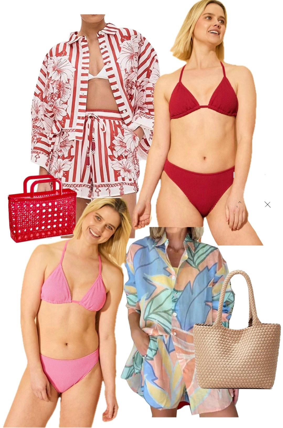 Swim suit fashion! Love this red textured bikini paired with this super cute red and white 2 piece cover up. Feeling more pink cool tones? Grab this pastel 2 piece cover up paired perfectly with this pink textured bikini and woven pool bag. 

#LTKTravel #LTKSwim #LTKOver40