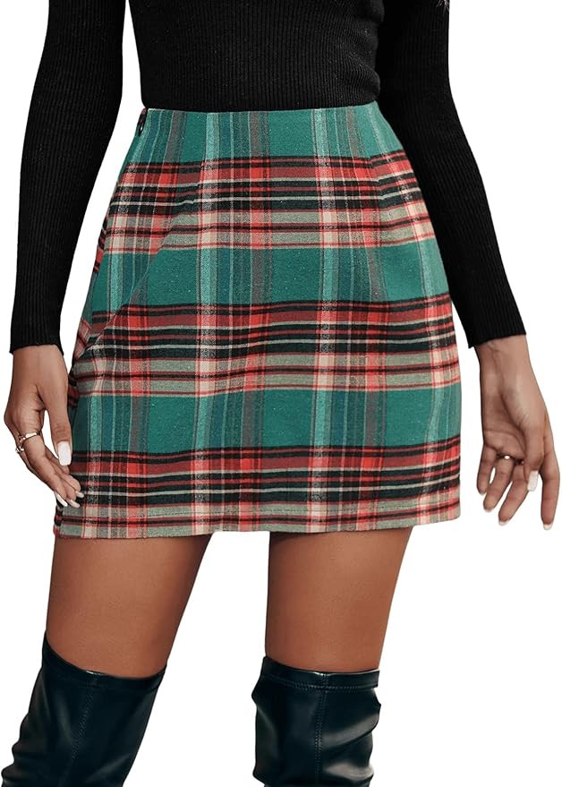 Floerns Women's Plaid High Waist Bodycon Mini Skirt | Amazon (US)