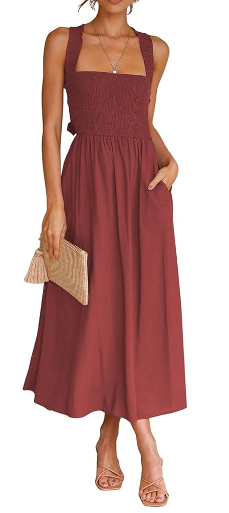 CHARTOU Women Sexy Spaghetti Strap Cut Out Smocked Dress Party Backless Flowy Midi Dress with Poc... | Amazon (US)