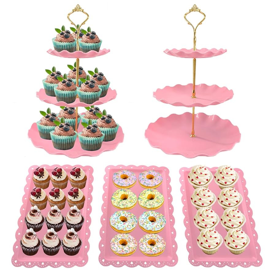 5 Pcs Dessert Table Display Set, Pink Plastic 2 Pcs Round 3 Tier Cupcake Stand Cup Cake Tower Sta... | Amazon (US)