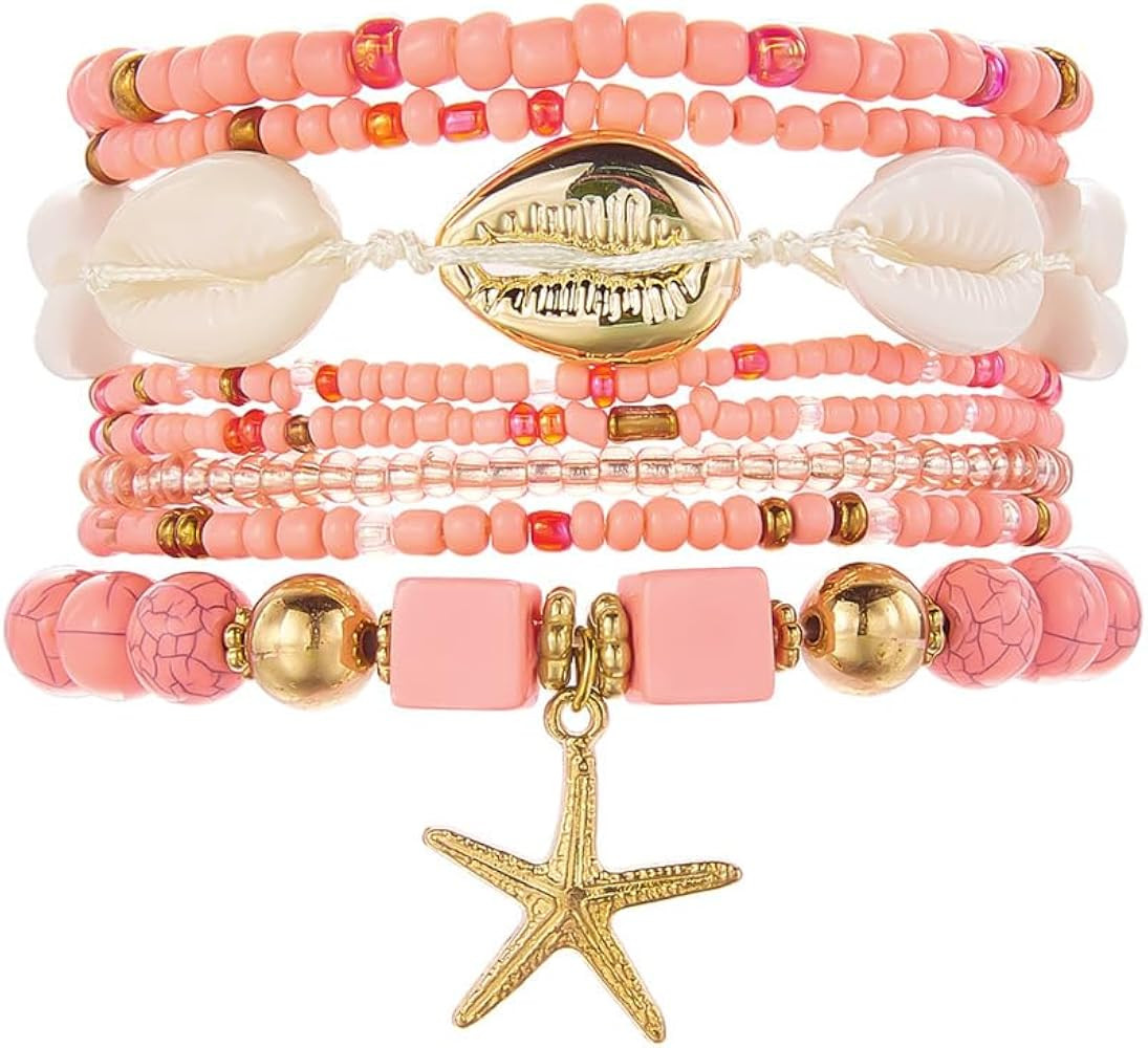 Boho Beach Stackable Beaded Bracelets Set for Women, Multi-Layer Shell Starfish Stretch Bracelets... | Amazon (US)