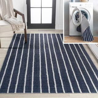 Rand Distressed Ticking Stripe Machine-Washable Navy/Ivory 4 ft. x 6 ft. Area Rug | The Home Depot