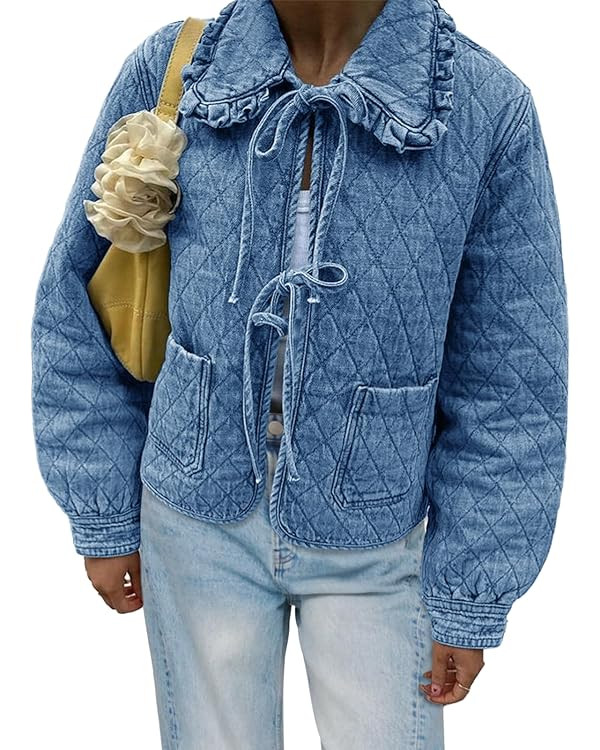 Tankaneo Womens Quilted Denim Puffer Jackets Tie Front Bow Cropped Puffy Jackets Fall Cute Short ... | Amazon (US)