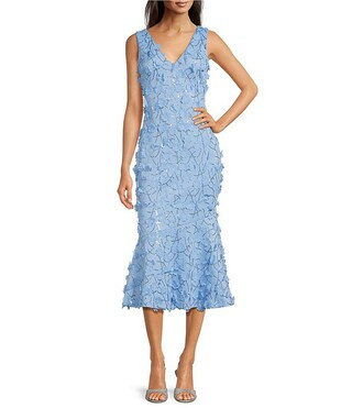 Eliza J 3D Floral Applique V-Neck Sleeveless Sheath Midi Dress | Dillard's | Dillard's
