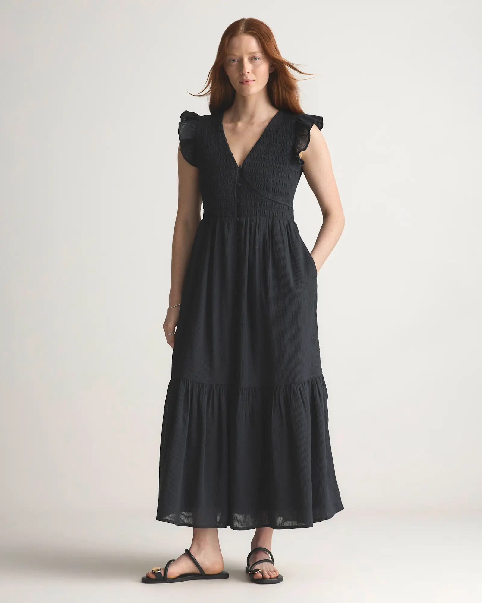 Organic Textured Cotton Smocked V-Neck Midi Dress | Quince