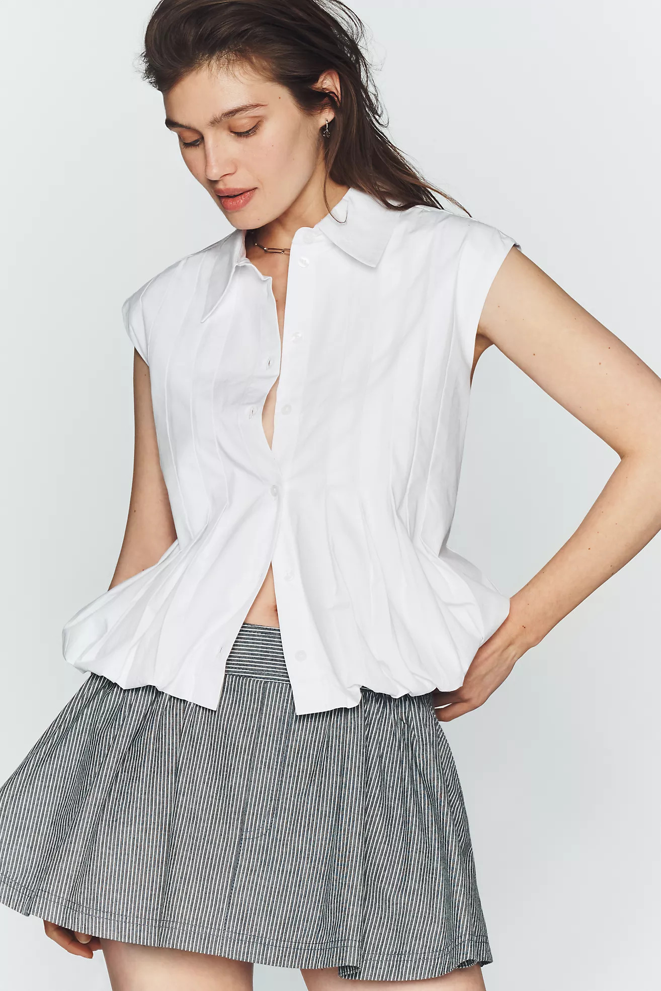 Maeve Sleeveless Pleated Bubble-Hem Buttondown Top | Anthropologie (US)