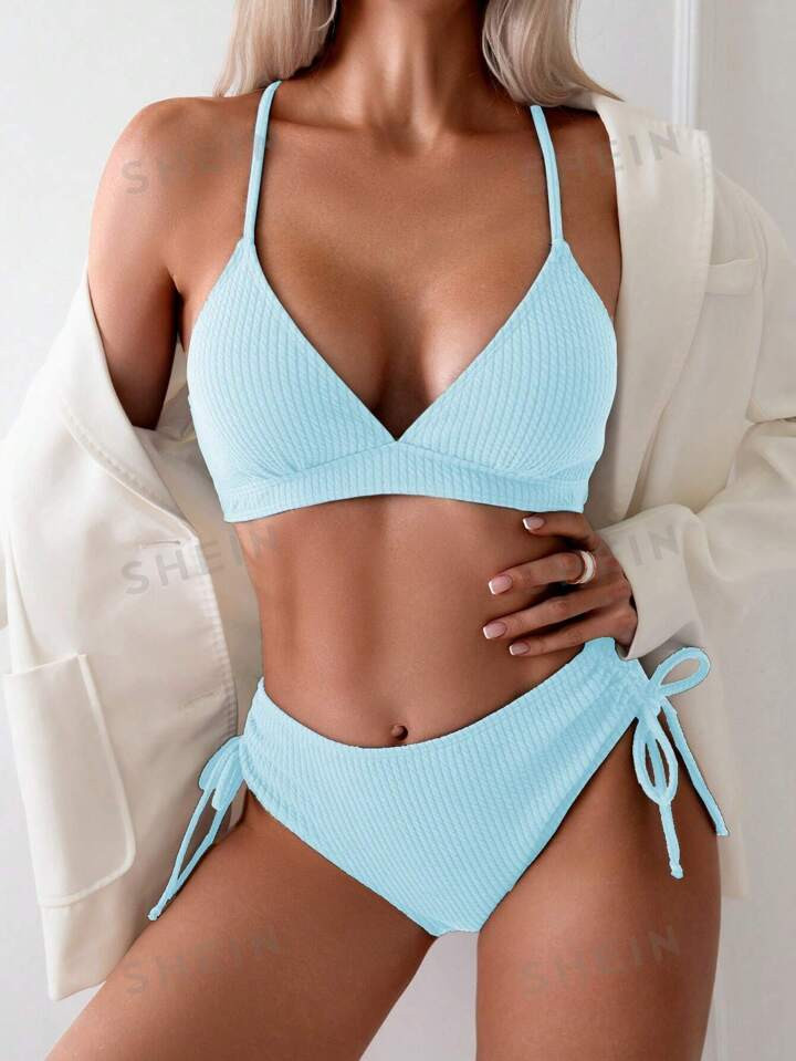 SHEIN Swim Summer Beach Women's Solid Color Strap Simple And Fashionable Bikini Set For Vacation | SHEIN