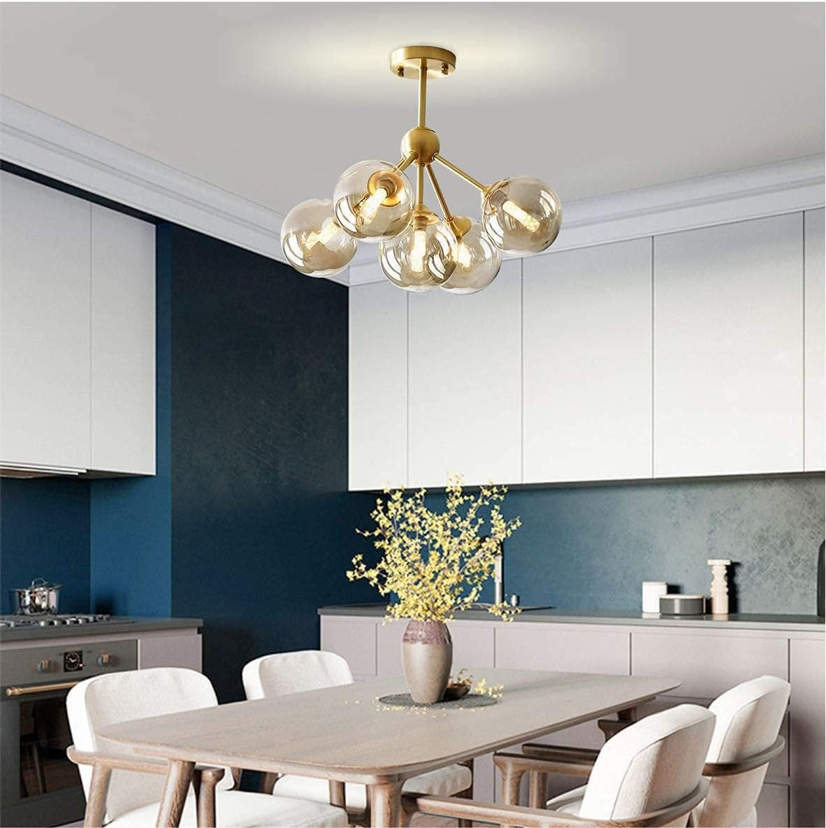 KCO Lighting 5-Light Amber Glass Globe Chandelier Brush Gold Semi Flush Mount Ceiling Light Mid-C... | Amazon (US)