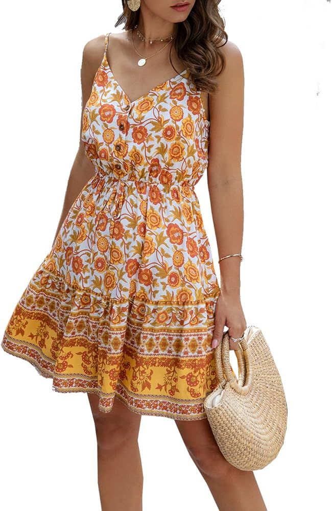 PRETTYGARDEN Women’s Floral V Neck Spaghetti Strap Button Down Sundress Swing Ruffle Summer Mini Sho | Amazon (US)