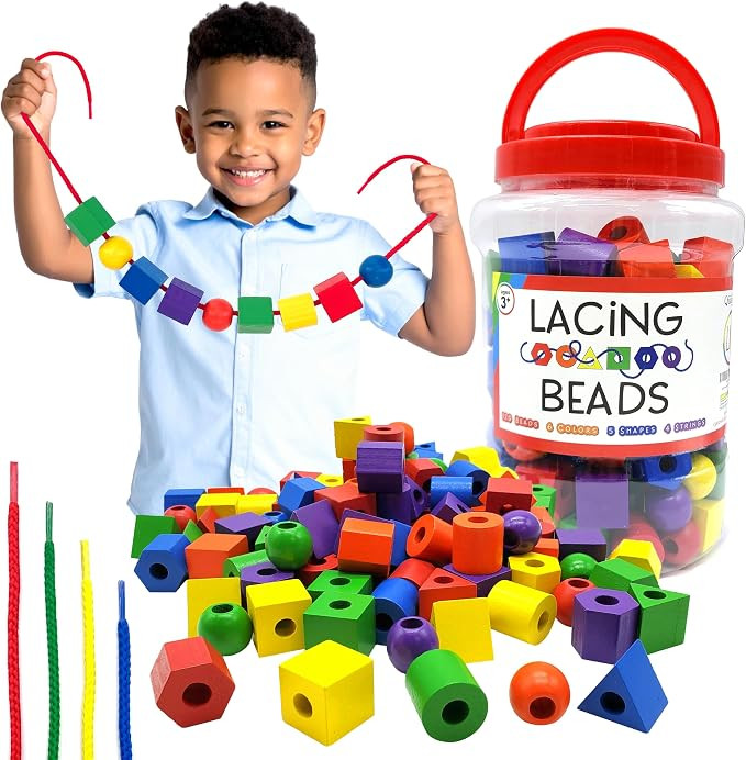 Blu Jay Wooden Lacing Beads for Toddlers 1-3 & 3-5 – 125 PCS with Storage Tub | Stringing Beads... | Amazon (US)