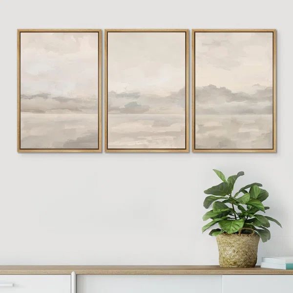 Pastel Watercolor Cloudy Sky Gray Abstract Landscape Framed On Canvas 3 Pieces Print | Wayfair North America