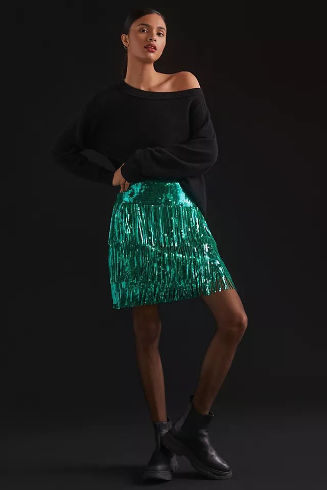 Maeve Fringed Sequined Mini Skirt | Anthropologie (US)