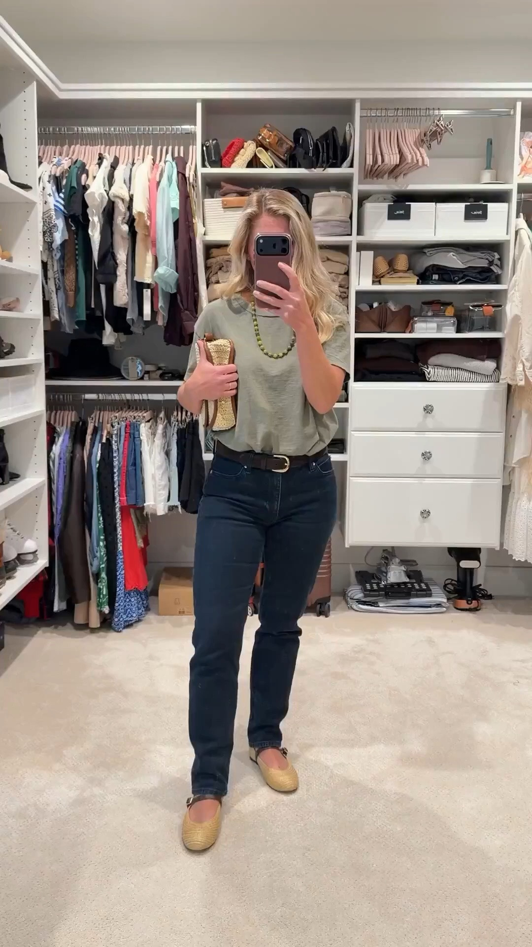 This is basically my everyday uniform lately: relaxed tee, great denim, woven flats, and one accessory that makes the whole outfit feel styled.

The muted olive tones mixed with the darker denim feel effortless but still elevated — easy enough for errands, work, or dinner without changing a thing.

Sometimes the simplest outfits end up being the best ones.

#LTKootd #LTKPetite #LTKdayinmylife