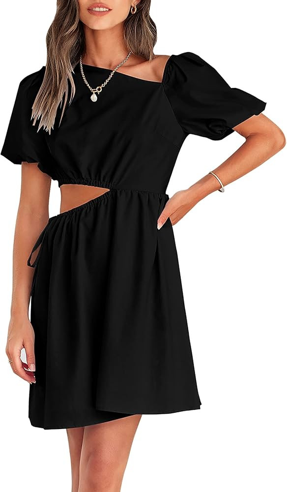 KIRUNDO 2023 Women's Summer Short Puff Sleeve Cut Out Dress Casual Solid Asymmetrical Neck A Line... | Amazon (US)