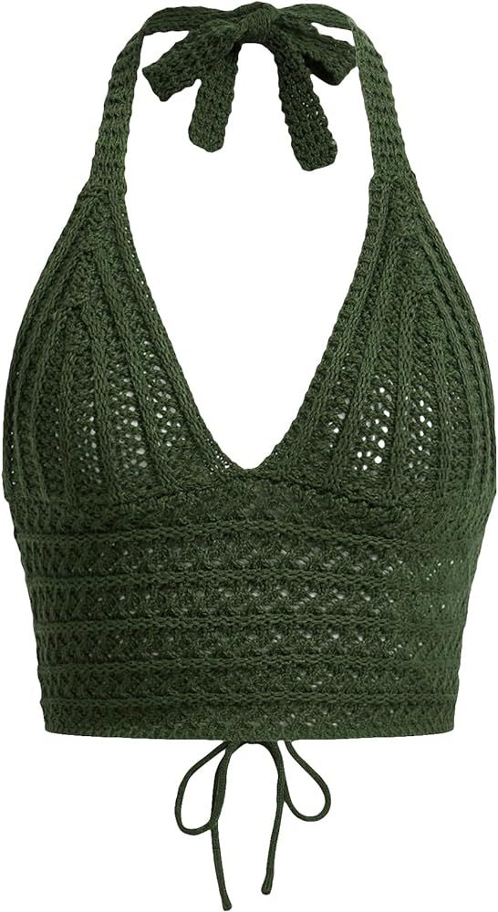 SOLY HUX Womens Crochet Halter Crop Tops Summer Sexy Knitted V Neck Sleeveless Camisole Y2K Top S... | Amazon (US)