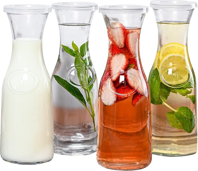 Estilo Glass Beverage Pitcher Carafe With Plastic Lids, Narrow Neck Design, 1 liter-Set of 4, Cle... | Amazon (US)