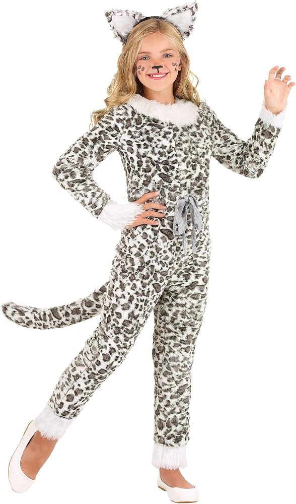 Kids Spotted Snow Leopard Costume Girls, White Faux Fur Animal Cute Cat Jumpsuit Halloween Outfit | Amazon (US)