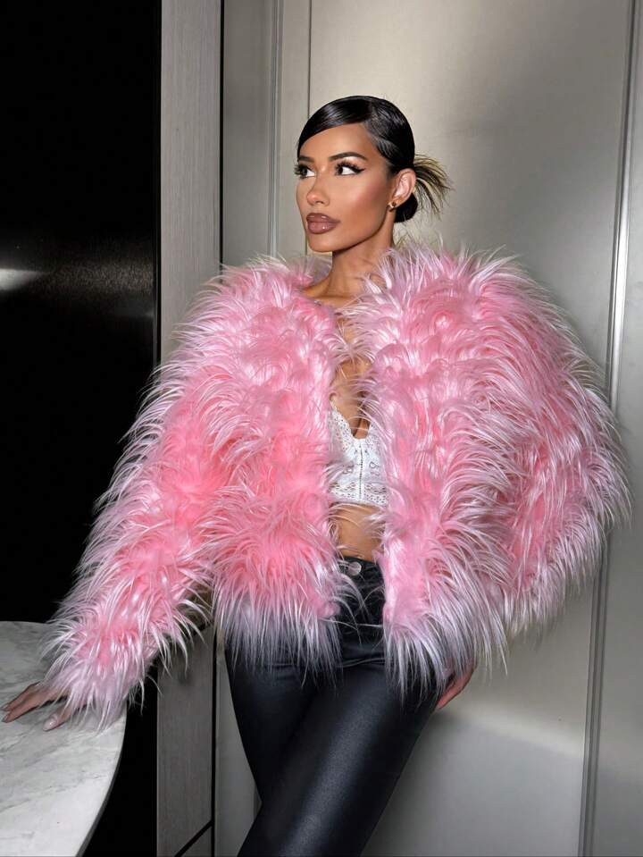 SHEIN SXY Plus Size Pink Faux Fur Jacket For Halloween Party, Autumn & Winter | SHEIN USA | SHEIN