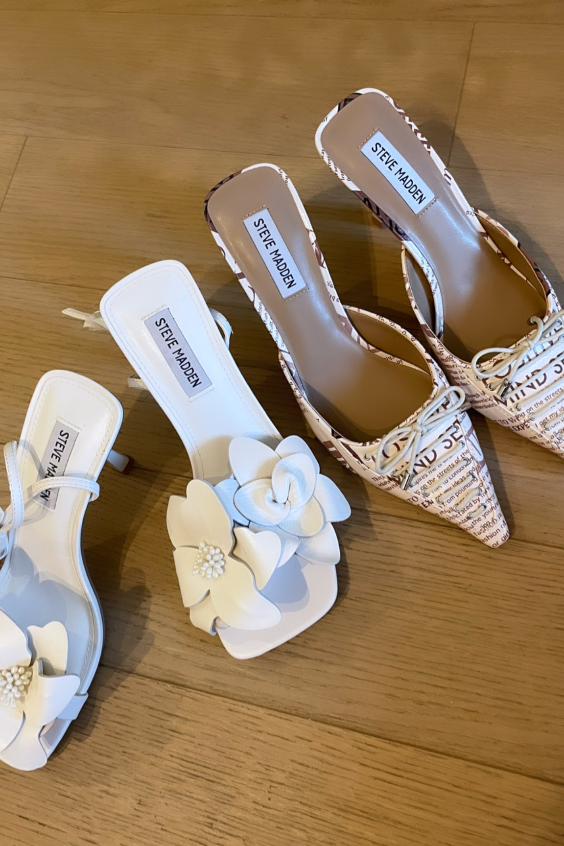 Spring heels 
White floral strappy heels 
Pointed toe heels 