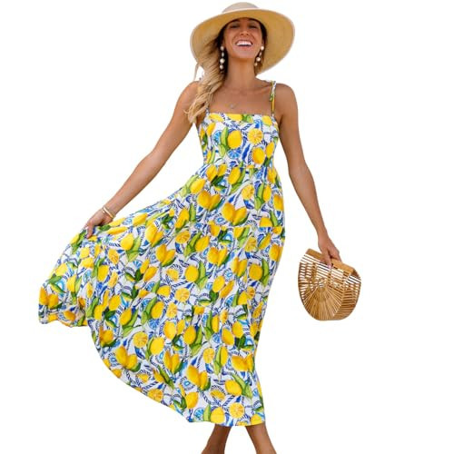 Women’s Resort Maxi Dress, Organic Rayon Tiered Design with Smocked Back, Adjustable Tie Straps, Flowy Lightweight Fit, Ethically Made in Bali, Perfect for Vacations and Summer Events Yellow Multi | Amazon (US)