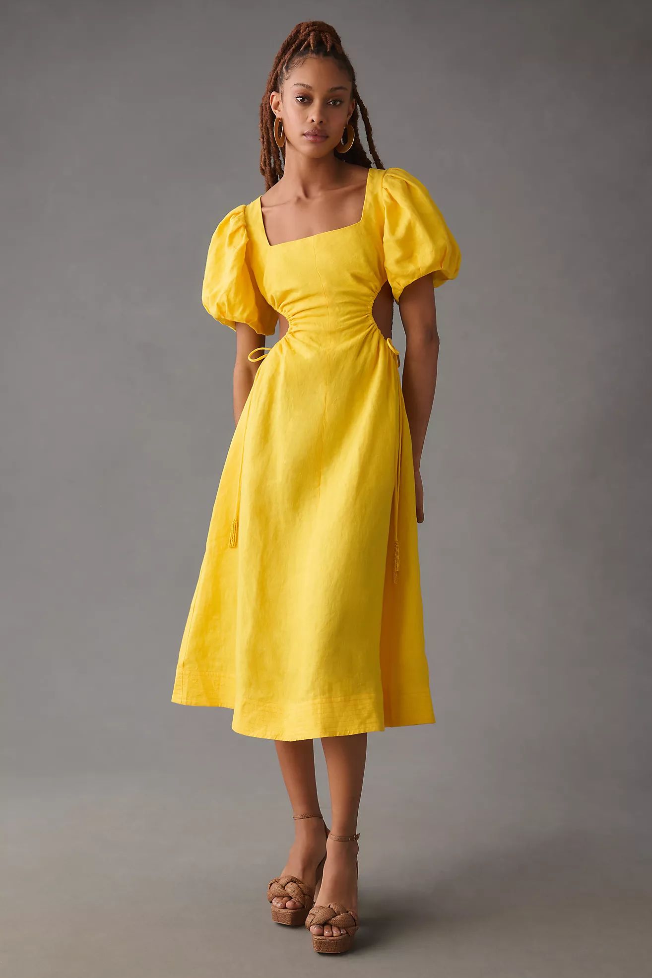 Farm Rio Puff-Sleeve Cutout Linen Dress | Anthropologie (US)