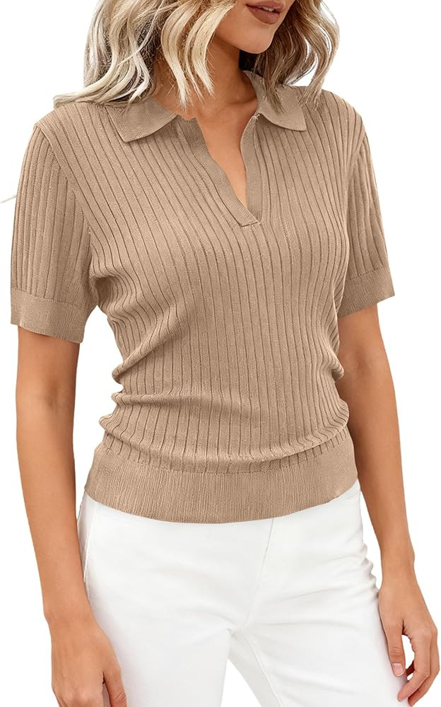 PRETTYGARDEN Women's Short Sleeve Sweater 2026 Spring Polo Shirts Ribbed Knit V Neck Business Cas... | Amazon (US)