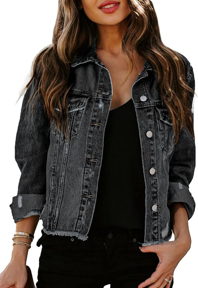 Sidefeel Women Long Sleeve Button Denim Jacket Distressed Ripped Jean Coat | Amazon (US)