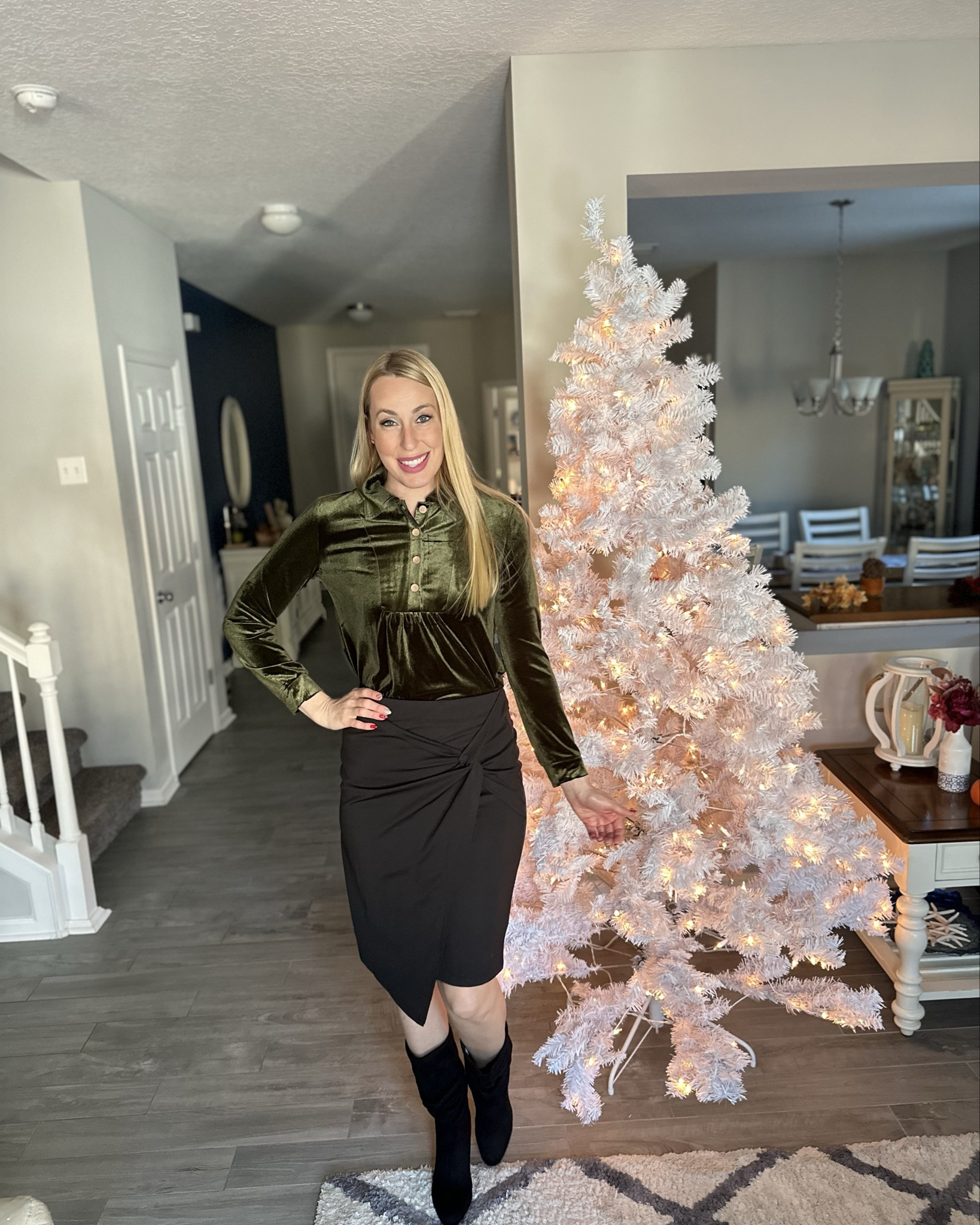 Velvet holiday blouse and pencil skirt
🎄 this blouse is so soft and comes in other colors 
🎄 wearing size small in both the top and skirt
🖤 this skirt is perfect for work and has a cute twist knot

#LTKWorkwear #LTKFindsUnder50 #LTKStyleTip