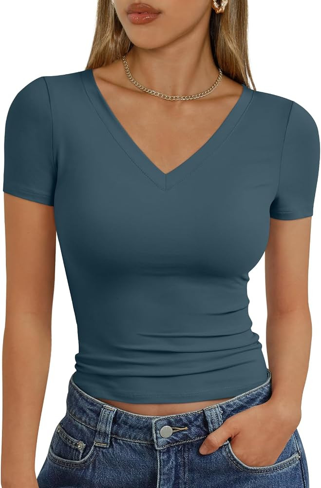 Trendy Queen Womens Basic V Neck Short Sleeve Spring T Shirts Slim Fit Crop Y2k Tee 2026 Summer G... | Amazon (US)